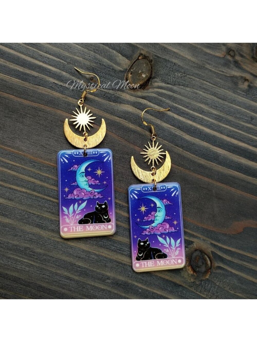 The Moon Black Cat Tarot Style Dangle Earrings Acrylic Handmade Celestial Sun
